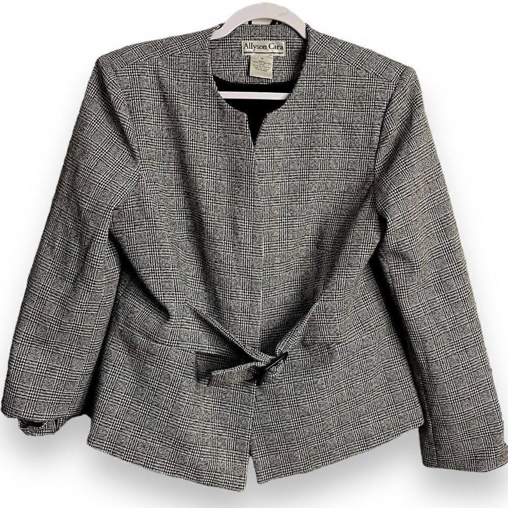 Allyson Cara Blazer Jacket Women's 14 Black White Belted Plaid Career Glen Check